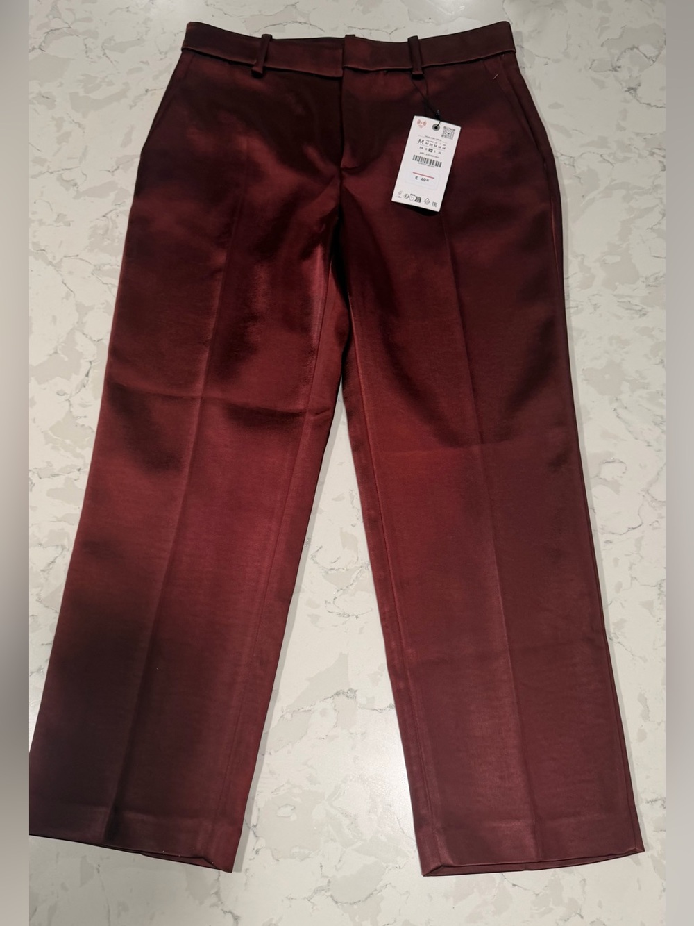 Zara Women's Satin Straight-Leg Trousers in Burgundy